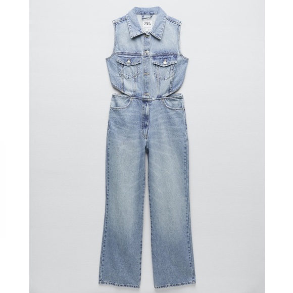 NWT Zara Full Length Cut Out Denim Jumpsuit - Picture 5 of 9